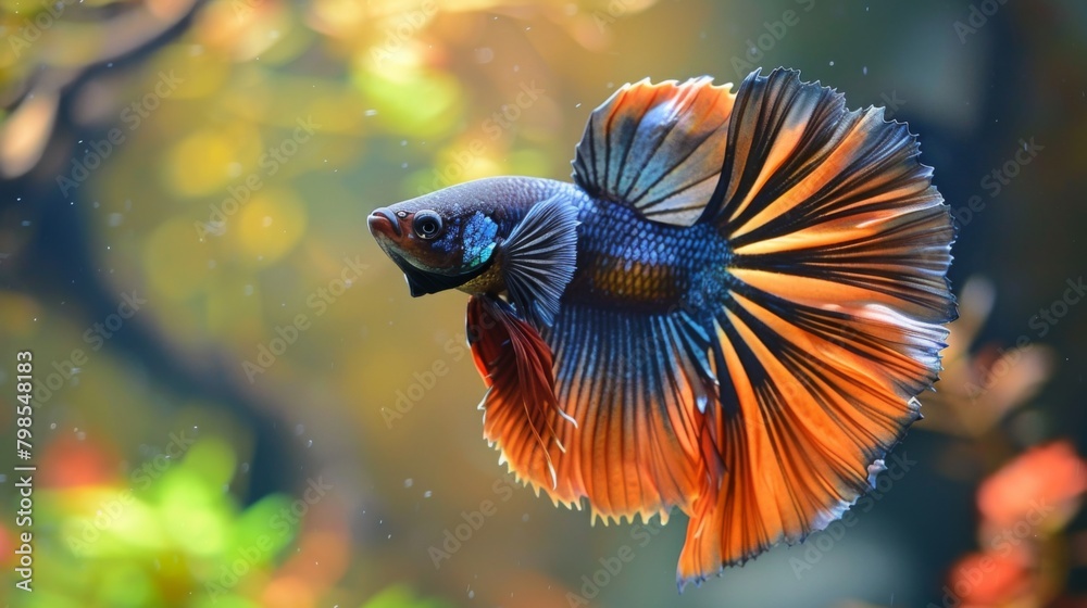 Poster a betta fish flaring its fins in a display of dominance, showcasing the majestic presence and regal 