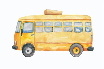 watercolor illustration of a yellow school bus, with a luggage rack on top