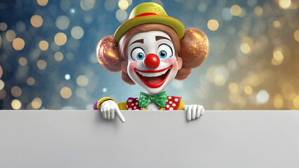 Invitation card for carnival. Smiling clown behind a blank banner.
