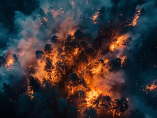 A wildfire burns through a forest, destroying trees and wildlife. The scene is one of devastation and loss.