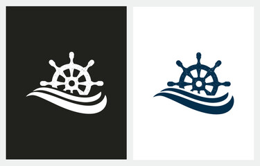 Ship Steering Wheel with Sea Waves logo icon vector of nautical maritime design