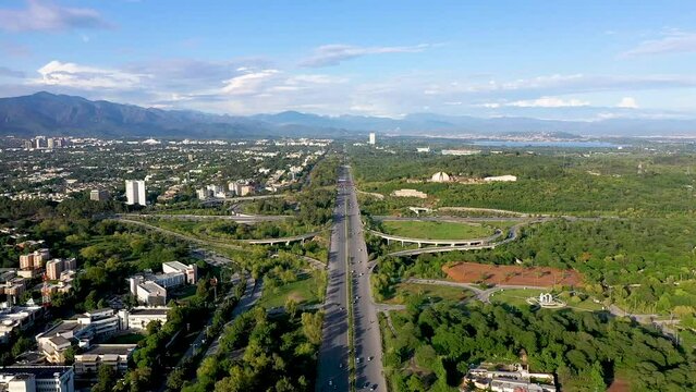 Islamabad Biggest flyover, Peshawar Mor interchange at Srinagar Kashmir Highway Islamabad Capital of Pakistan. Aerial Drone View