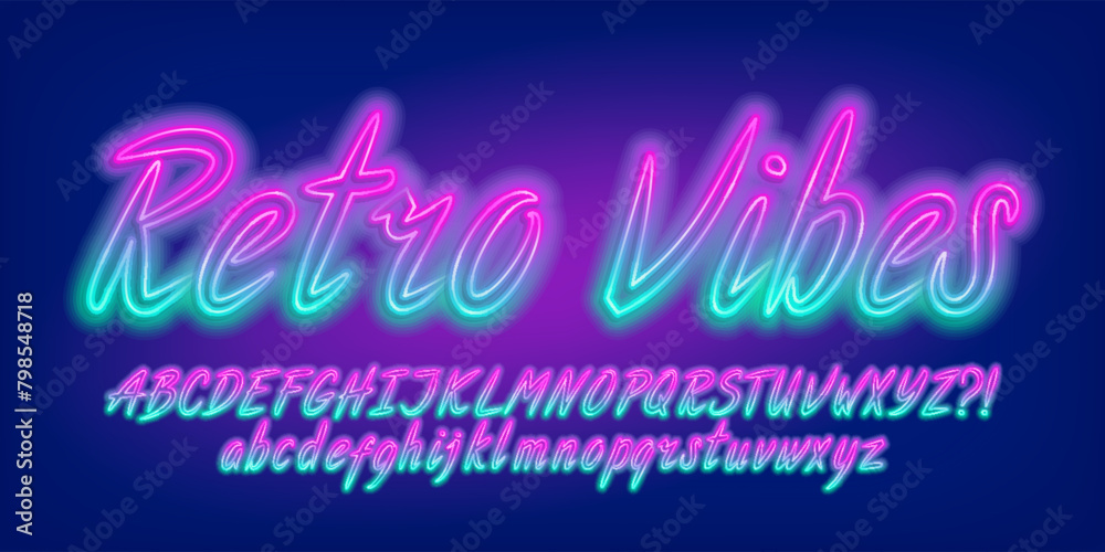 Aufkleber retro vibes alphabet font. bright neon uppercase and lowercase letters. stock vector typescript for 
