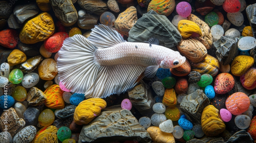 Poster a betta fish resting on a bed of colorful gravel, its serene posture and vibrant colors creating a c