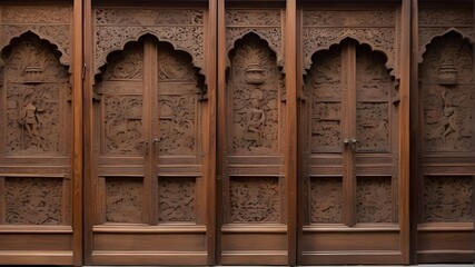 A set of intricately carved teak doors showcasing fine craftsmanship