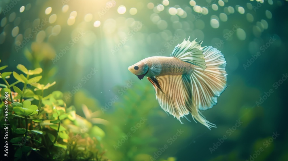 Poster a betta fish swimming gracefully in a tank illuminated by soft, ambient lighting, creating a serene 