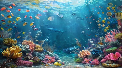 Illustrate a mesmerizing underwater world with a school of shimmering fish
