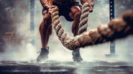 dynamic foto of a fit guy training with ropes