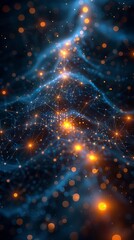 Obraz premium A glowing network of orange and yellow dots and lines on a dark blue background.
