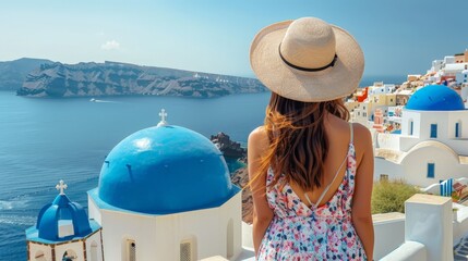 Traditional Greek attire, woman in Oia, iconic blue domes, serene caldera in background - obrazy, fototapety, plakaty