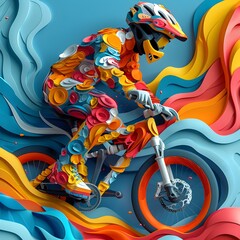 Fototapeta premium Exhilarating Cyclist Soaring Through Vivid 3D Dreamscape on Fantastical Futuristic Bike
