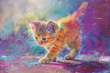 Illustrate a mischievous kittens adorable rear view with vibrant colors and intricate details in a lively oil painting style