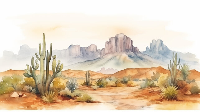 Watercolor western scene with cactus and mountain, minimalist style, isolated on white background. AI generated