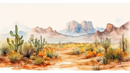 Watercolor western scene with cactus and mountain, minimalist style, isolated on white background. AI generated