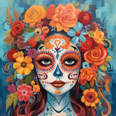 Boho chic Days Of The Dead Portraits in hand painted acrylic gouache, intricate, folk art. AI generated