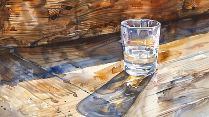 Illustrate a traditional watercolor painting of a close-up shot glass perched on a rustic wooden bar counter