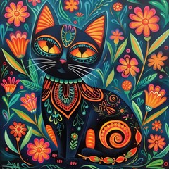 Boho chic cat in hand painted in acrylic gouache, intricate, folk art. AI generated
