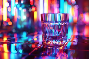 Capture a dynamic, close-up shot of a crystal clear shot glass, reflecting vibrant neon lights, creating a surreal, futuristic ambiance Utilize CG 3D rendering to enhance realism