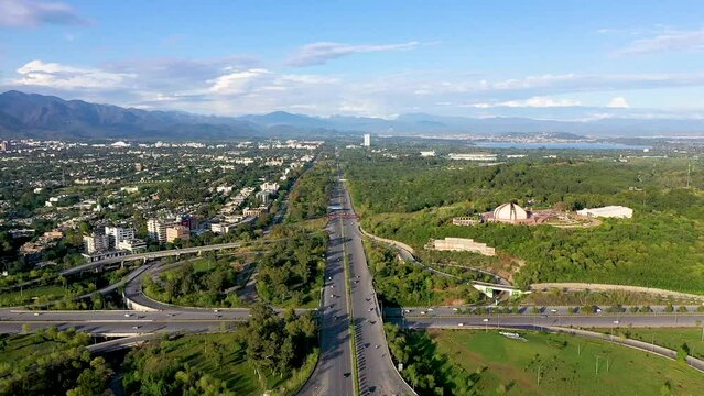 Islamabad Biggest flyover, Peshawar Mor interchange at Srinagar Kashmir Highway Islamabad Capital of Pakistan. Aerial Drone View