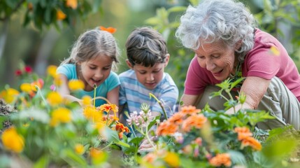 Grandmother with children exploring a garden, learning about nature together, perfect for family bonding.