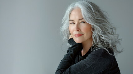Fototapeta premium Detailed shot of a woman with striking grey hair, thoughtful expression. Fits introspection, calm.