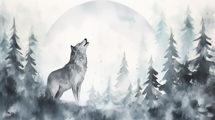 A serene watercolor painting featuring the silhouette of a howling wolf composed of a wintery forest scene. AI generated