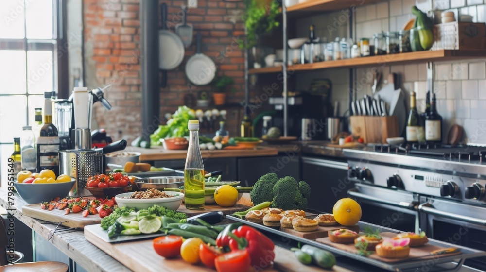 Wall mural bustling home kitchen filled with fresh produce, perfect for culinary inspiration.