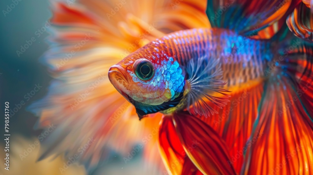 Poster a close-up of a betta fish displaying its vibrant colors and intricate fin patterns, captivating vie