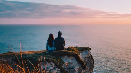 A couple enjoying a peaceful moment watching the sea from a coastal cliff