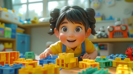 Joyful Child Assembling Fantastical Toy in Colorful Playroom