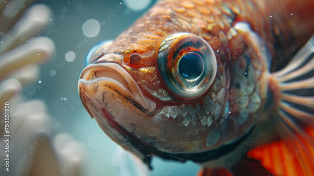 Poster a close-up of a betta fish's expressive eyes, capturing the intelligence and curiosity that make the