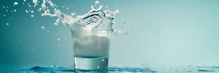 A dynamic image of fresh milk being poured into a glass with splashes, set against a light blue background, emphasizing freshness and purity. - obrazy, fototapety, plakaty