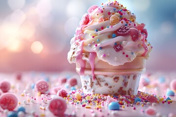 Playful and Dreamy Ice Cream Sundae with Vibrant Toppings and Nostalgic Aesthetic