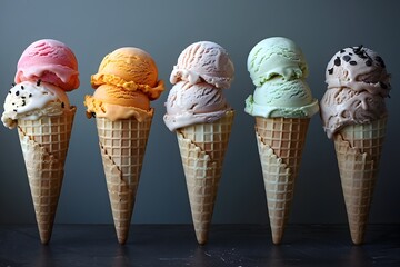 Delectable Assortment of Vibrant Ice Cream Cones in Whimsical Composition with Glossy Finishes and