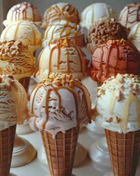Visually Striking Tempting Ice Cream Cones with Diverse Range of Flavors and Textural Details in
