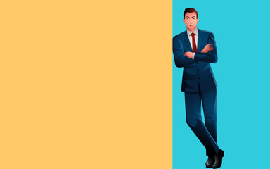Confidence and professionalism, vector illustration of a young businessman leaning against a wall with arms crossed, offers copy space perfect for business-related designs and promotional materials