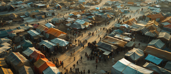 A large crowd of people gathered in the refugee camp, where tents are set up. Consequences of the war