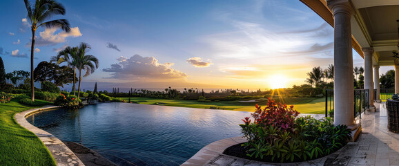 A panoramic view of the pool and golf course from an elegant islandstyle home in Hawaii, with lush greenery and palm trees under a clear blue sky at sunset.