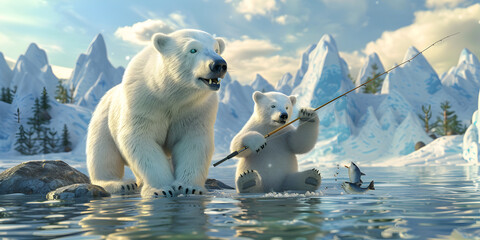 ice polar bear with baby at sea, polar bear family - obrazy, fototapety, plakaty