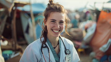Candid portrait of a smiling female nurse in a white lab coat and with a stethoscope around her neck. A refugee camp