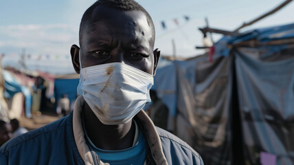 A black African male volunteer wearing a protective medical mask stands in front of a tent in a refugee camp