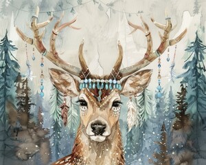Peaceful deer with antlers decorated in Boho-style beads and feathers