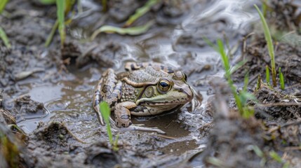 Obraz premium A frog blending into the muddy banks of a marsh, its mottled skin providing camouflage as it waits patiently for passing prey.