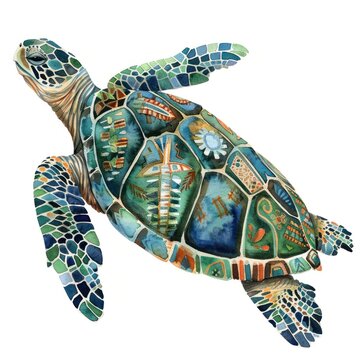 Watercolor illustration of a turtle with a shell patterned in tribal boho designs carrying peace and serenity