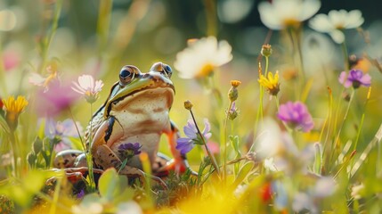 A frog hopping through a field of wildflowers, its agile movements and playful demeanor adding charm to the natural landscape. - obrazy, fototapety, plakaty