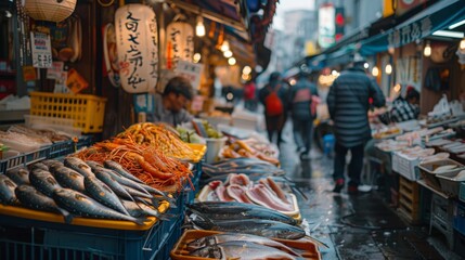 Obraz premium A bustling seafood market in Japan, with vendors selling a variety of freshly caught fish and shellfish.
