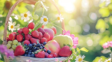 Basket of Summer Berries and Fruit in Golden Light