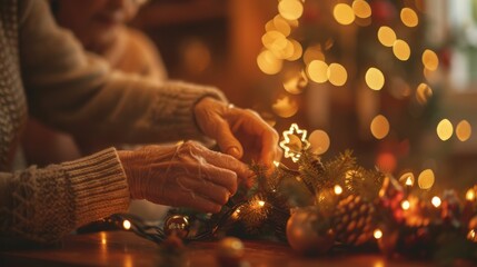 The picture of the family member is setting up holiday decorations, with the focus on their hands and the festive decor of christmas holiday, creating warm atmosphere with home cozy lighting. AIG43.
