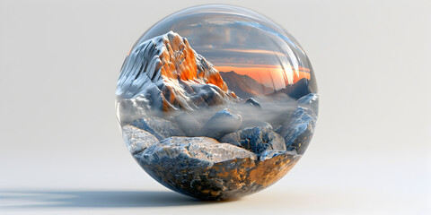 A globe with a picture of a mountain and sunset in sky