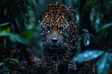 Camouflage male jaguar lurking in forest blue eyes. Jaguar, Panther, front view, isolated on white, shadow.